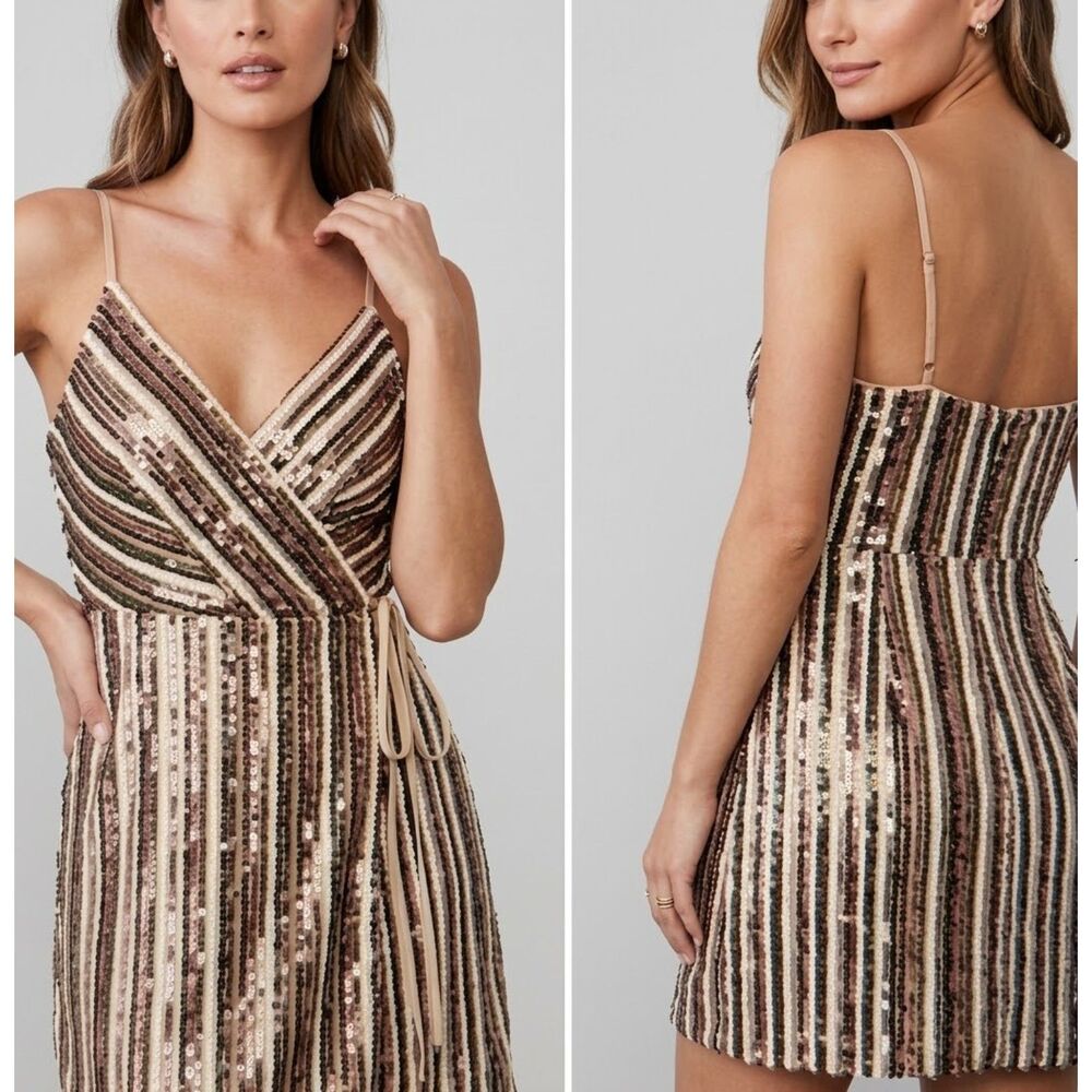 BCBGAMAXAZRIA Women’s Bare Pink Combo Sleeveless Sequin V-Neck Wrap Dress Size 2